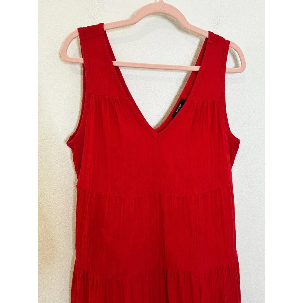 Quince Organic Cotton Gauze Tiered Midi Dress Size M Wild Cherry Red V Neck - Picture 4 of 7